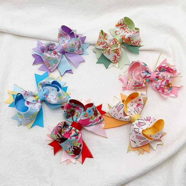 Аксессуары для волос ручной работы с изображением Пасхальных Кроликов, украшенные извращенными цветочными лентами, заколки для волос, аксессуары для девочек, банты для волос