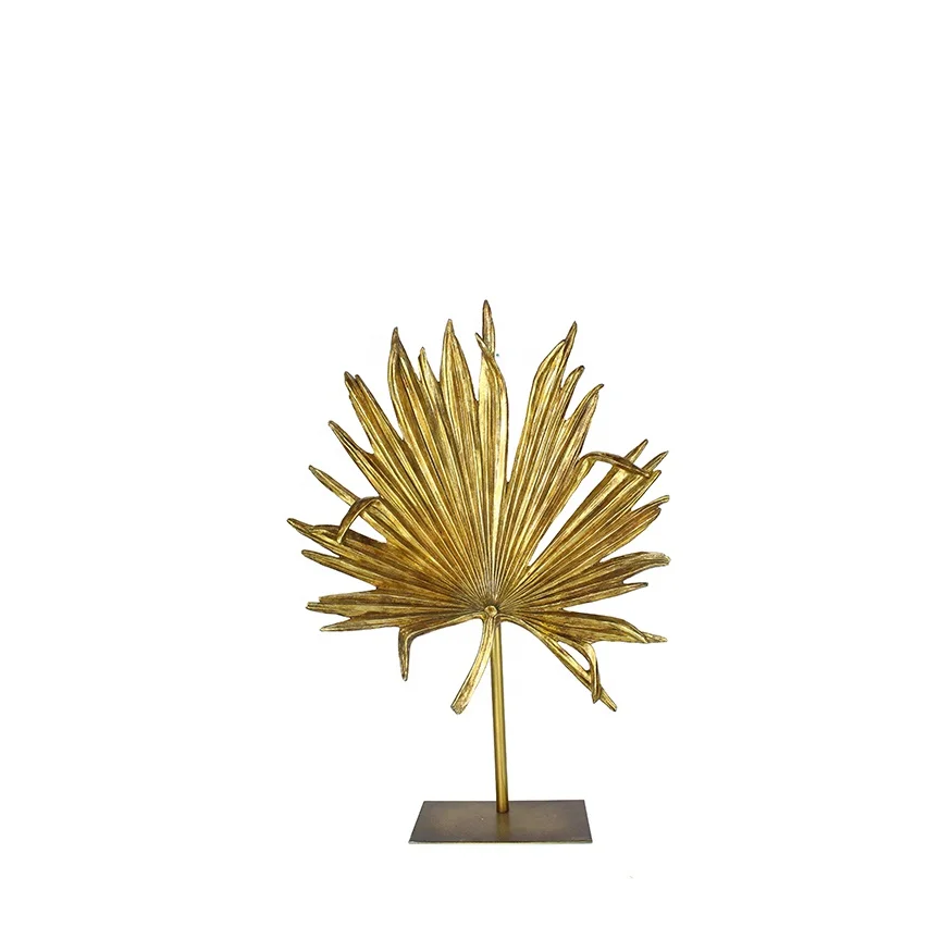 Create artificial resin palm leaf gold statue  handmade sculpture craft luxury home ornament hotel decoration