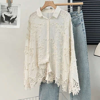 Gentle wind embroidery three-dimensional jacquard shirt women Spring and Autumn 2024 new loose lace casual blouse
