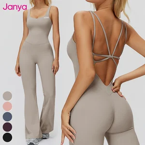 Janya 2026 Cross Back Backless Flared Wide-Leg Yoga Jumpsuits Active Stretch Breathable Sleeveless Fitness Jumpsuit for Women