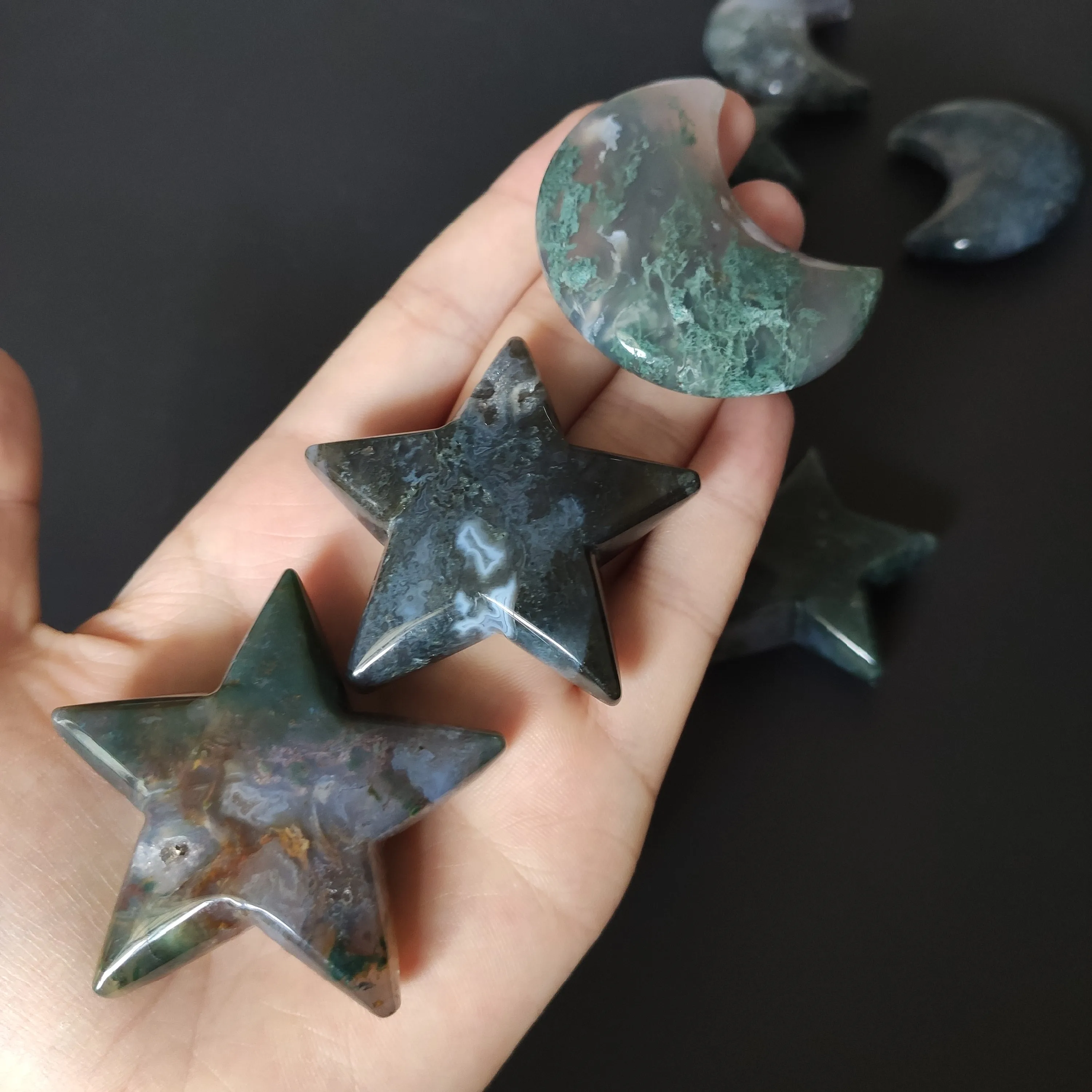 wholesale natural green moss agate crystal moon star for