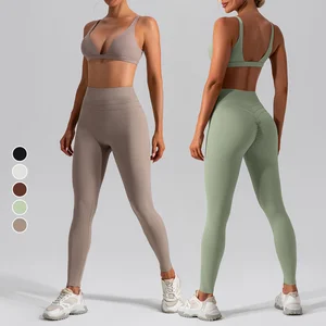 Women's High-Waisted Running Fitness Yoga Leggings Sets Quick-Drying Nude Sports Bra Vest V-Neck Beauty Plus Size Breathable