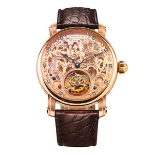 Luxury Men's Skeleton Engraved Tourbillon Mechanical Watch Handcrafted Automatic Design Sapphire Crystal 22mm Leather Strap
