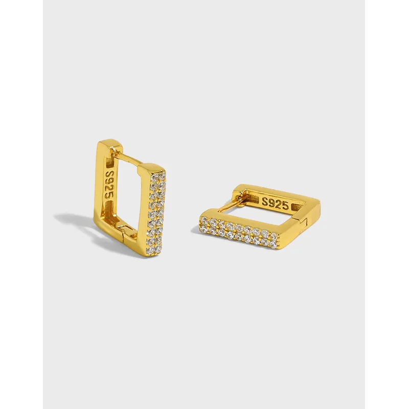 Korean Version Ins Niche Design Minimalist and Versatile Geometric square Micro Inlaid Zircon S925 Pure Silver Ear Buckle