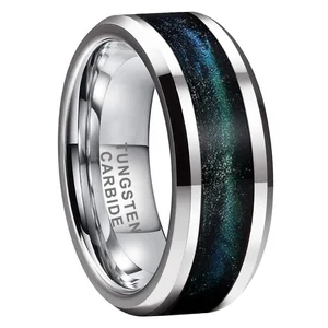 8mm Mens Womens Fashion Wedding Bands for Men Women Beveled Polished Blue Green Flowing Sand Inlay Tungsten Carbide Ring