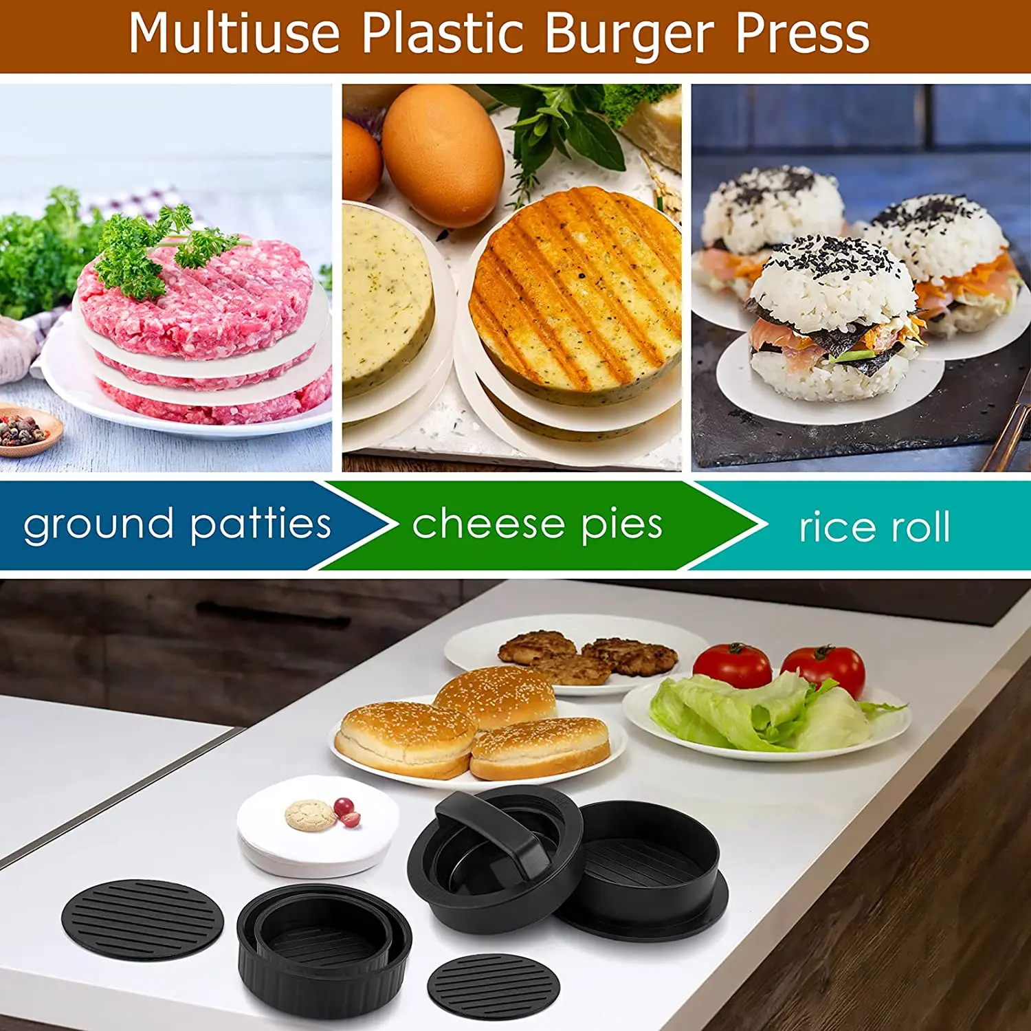 3 In 1 Burger Press, With 100 Sheets Of Waxed Paper, Burger Patty Maker Hamburger Press Stuffed Burger Press Hamburger Patty Maker Burger Maker Bpa Free Plastic For Perfect Burgers Every Time