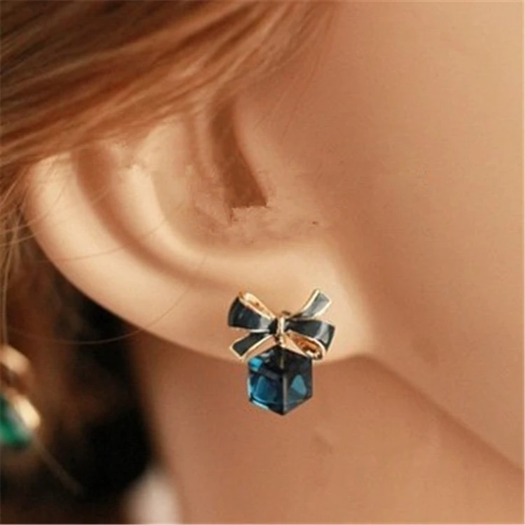 Fashion Korean Bowknot Earrings Cube Crystal Earrings Temperament All-match Women's Earrings Jewelry