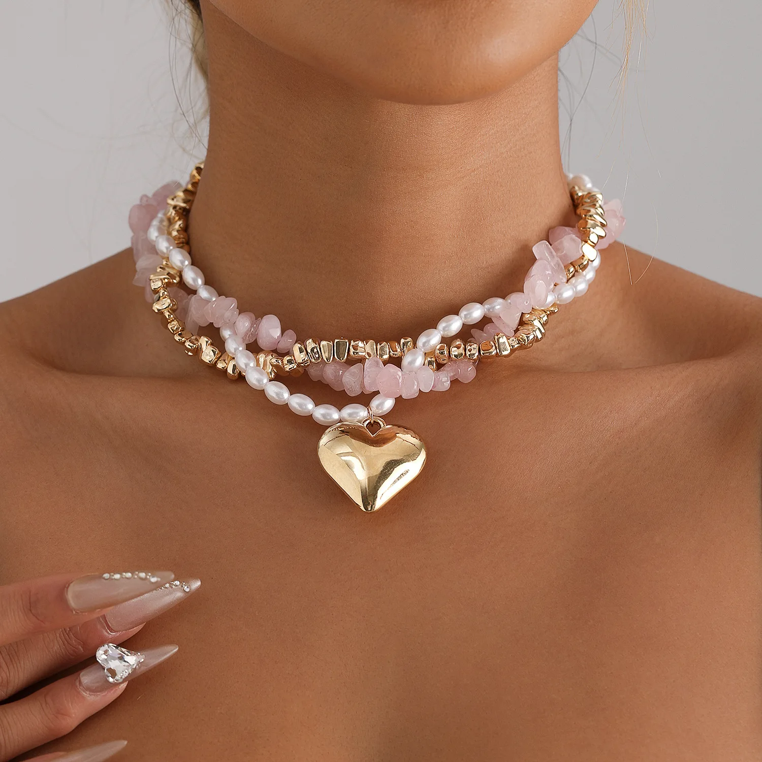 Elegant Berry Pink Pearl Heart Layered Necklace