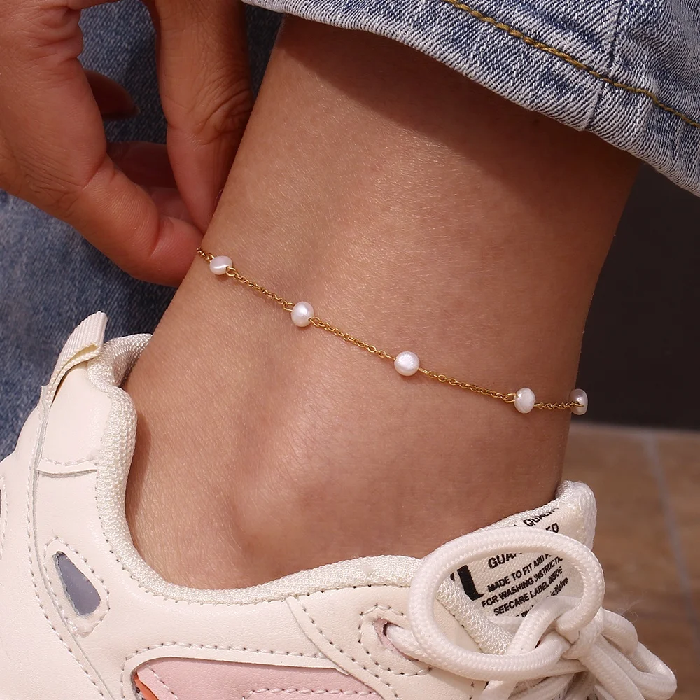 Fine Jewelry Anklet Set Fresh Water Pearl 18k Gold Plated Stainless
