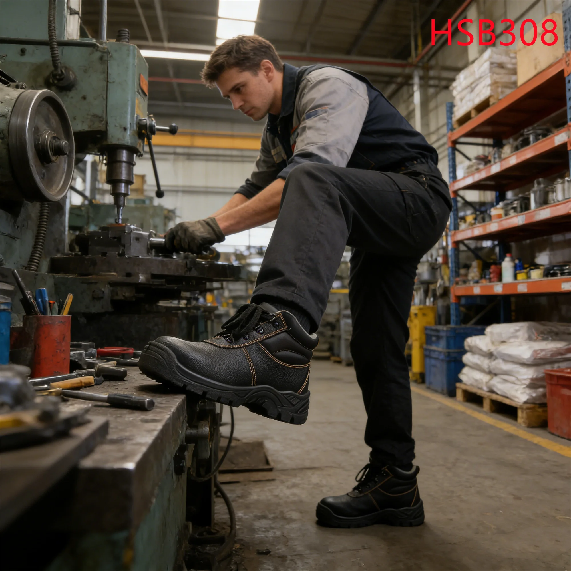 HY, Stivali di sicurezza per l’industria, in pelle naturale goffrata antigraffio, prezzo di fabbrica, stivali antiforatura, modello HSB308