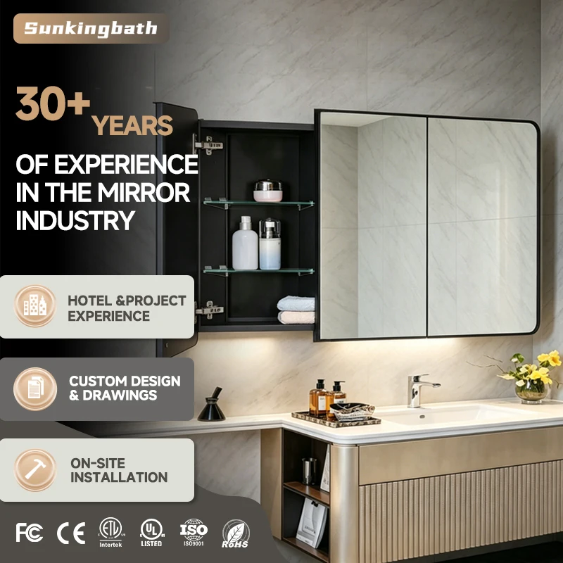 Luxury Design Water Resistant Wall-Mounted Mirror Cabinet Aluminum Alloy Frame Medicine Cabinet 3 Doors Bathroom Cabinet