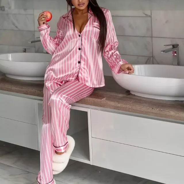 Soft Womens Striped Pajama Sets Long Sleeve Satin Pajamas for Women Sleepwear Long Sleeve Sleepwear Pj Set