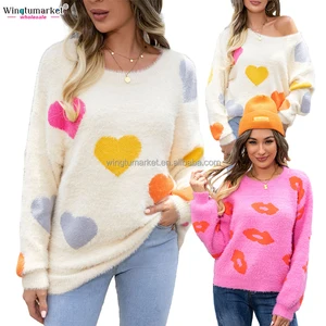 Wholesale Valentines Designer Fuzzy Sweater Knit Lips love Heart Luxury Pullover Jacquard Mohair Knitted Sweaters for Women