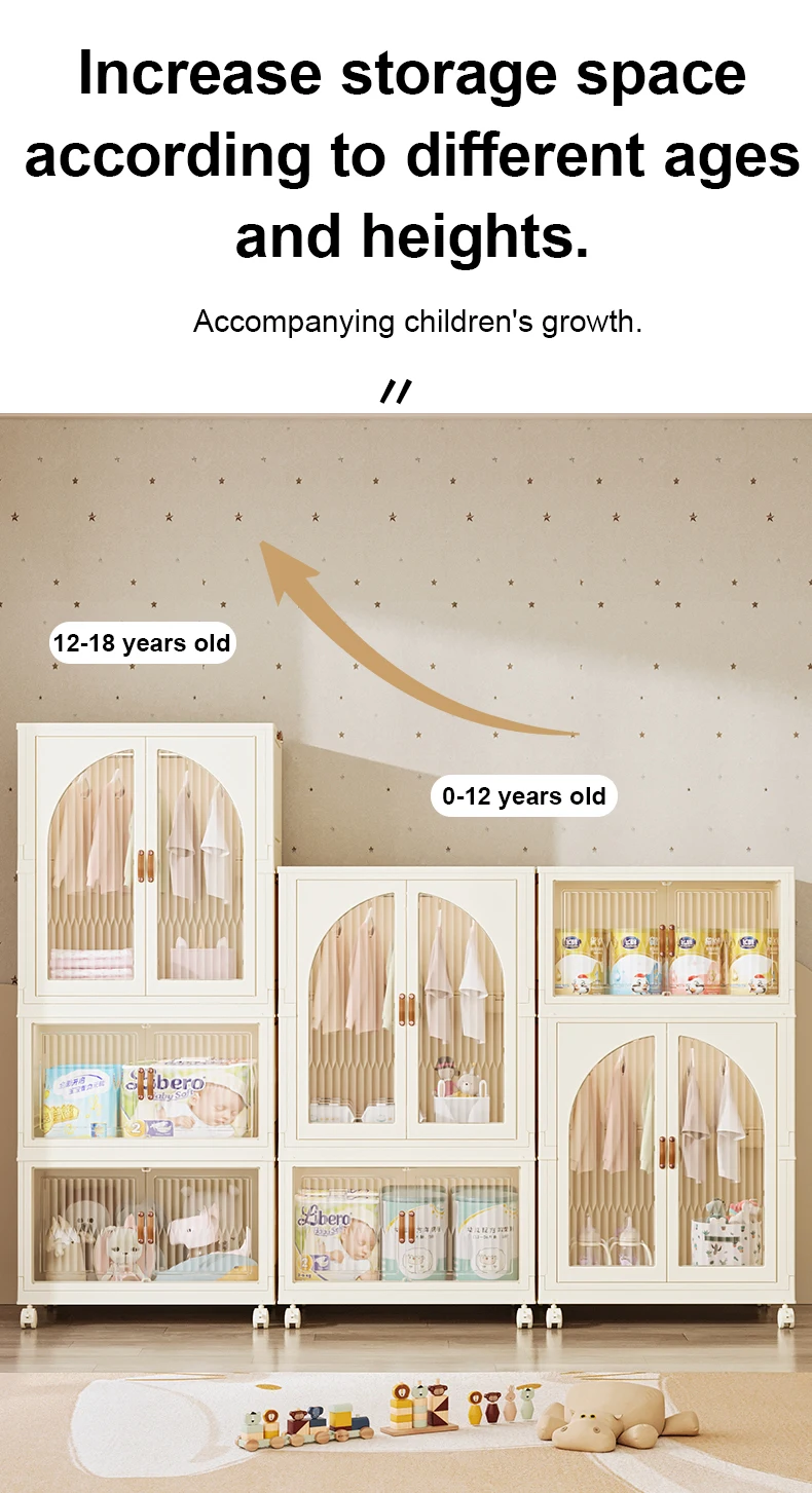 High-End Foldable Plastic Wardrobe for Kids Metal Storage Cabinet for Baby Clothes Toys Snacks Easy-Install DIY