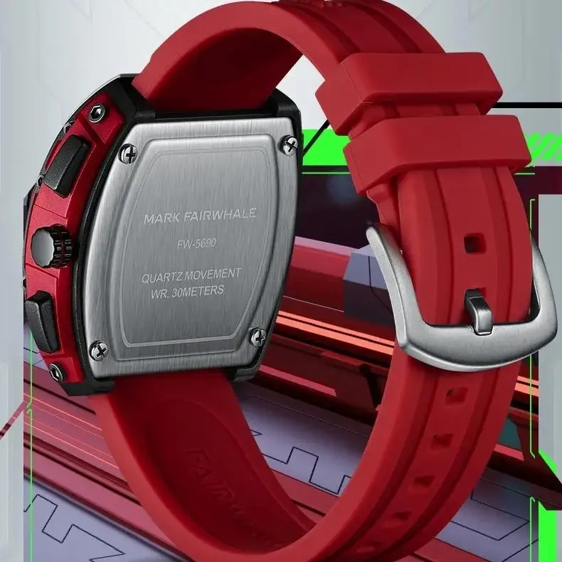 Mark Fairwhale 5690 FW-5690 Plastic Case Quartz Luminous Fashion Tonneau  Dial Men's Watches Sports Silicone Strap Wristwatch