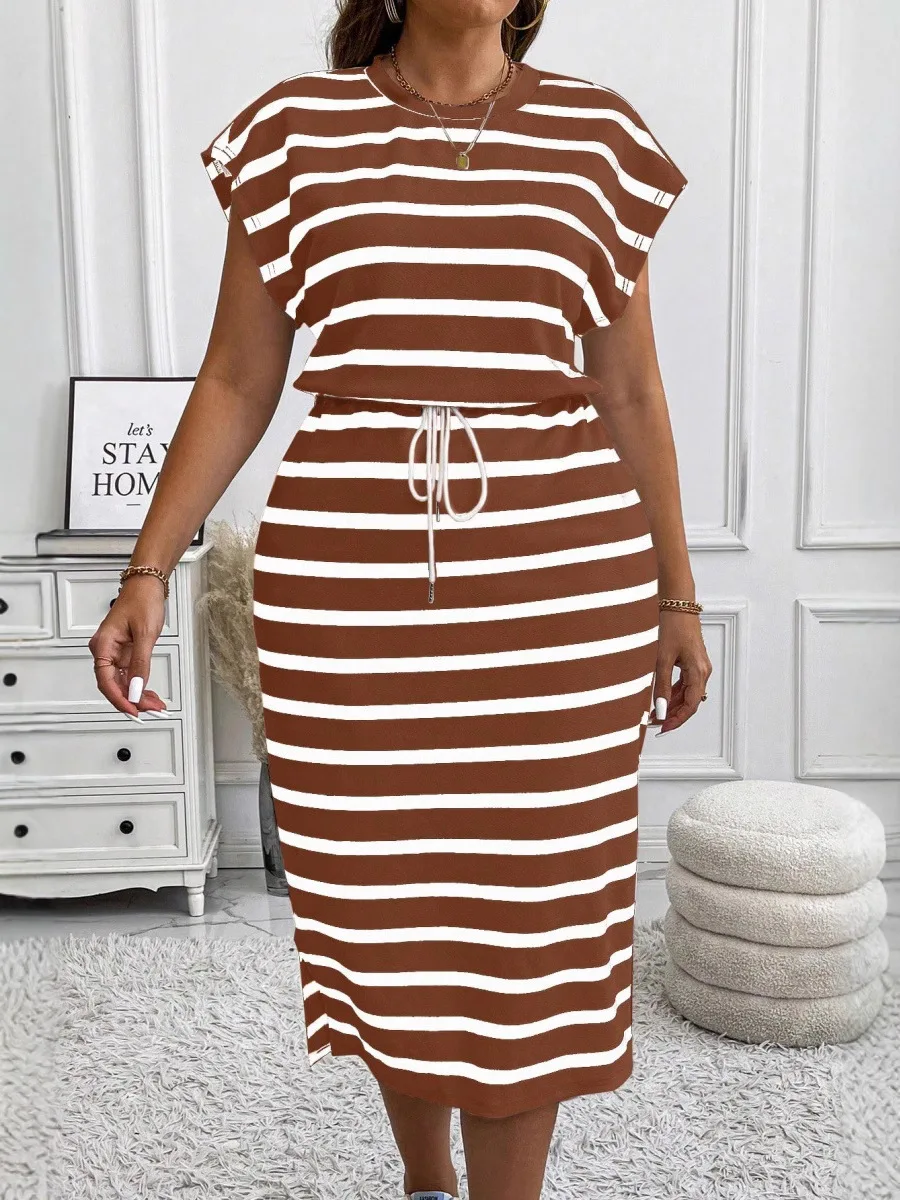 2025 European and American Summer Round Neck Stripe Printed Short Sleeved Large Size Dress
