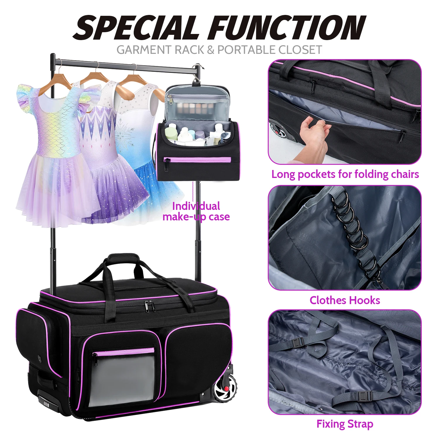 KONCAI Rolling Dance Bag With Garment Rack Waterproof Multi Functional Wheeled Dance for Girls