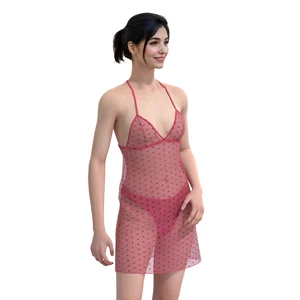 Factory Women Hot Nightdress Bra Brief Set with Breathable Mesh Dyed Pajamas