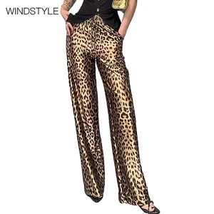 Yellow Leopard Print Casual High Waist Wide Leg Harem Pants Autumn Baggy Barrel Design with Elastic Anti-Wrinkle Feature