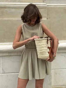 Cross-border Bow Vest Pleated Knee Length Casual Skirt Set European American 2026 Spring Summer New Cotton Linen Comfortable