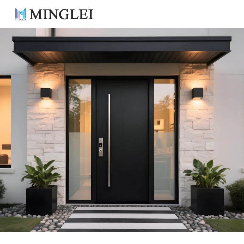أبواب دخول مزدوجة فاخرة للمساكن والفلل مصنوعة من الألومنيوم من تصميم Minglei