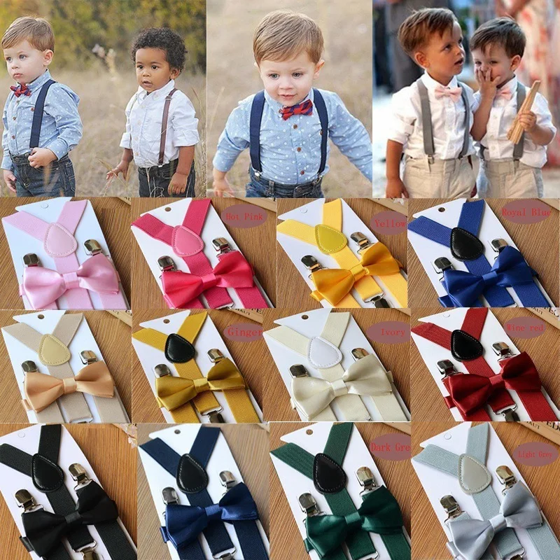 Toddler Kids Boys and Girls 4 Clips Adjustable Suspenders and Matching Bow Tie Set By La Trove 