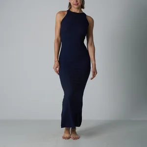 Elegant Chic Ribbed Crew Neck Sleeveless High-Stretch Breathable Long Slim-Fit A-Line High-Waisted Maxi Dress for Women