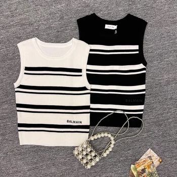 Women's Summer Casual Knit Sweater Striped Sleeveless Top Posh Shoulder Women's Knit Top Sleeveless Knitted Vest