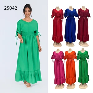 New Wholesale Summer Casual Fashion Women V-neck Ruffled Short Sleeve High Waist Dress