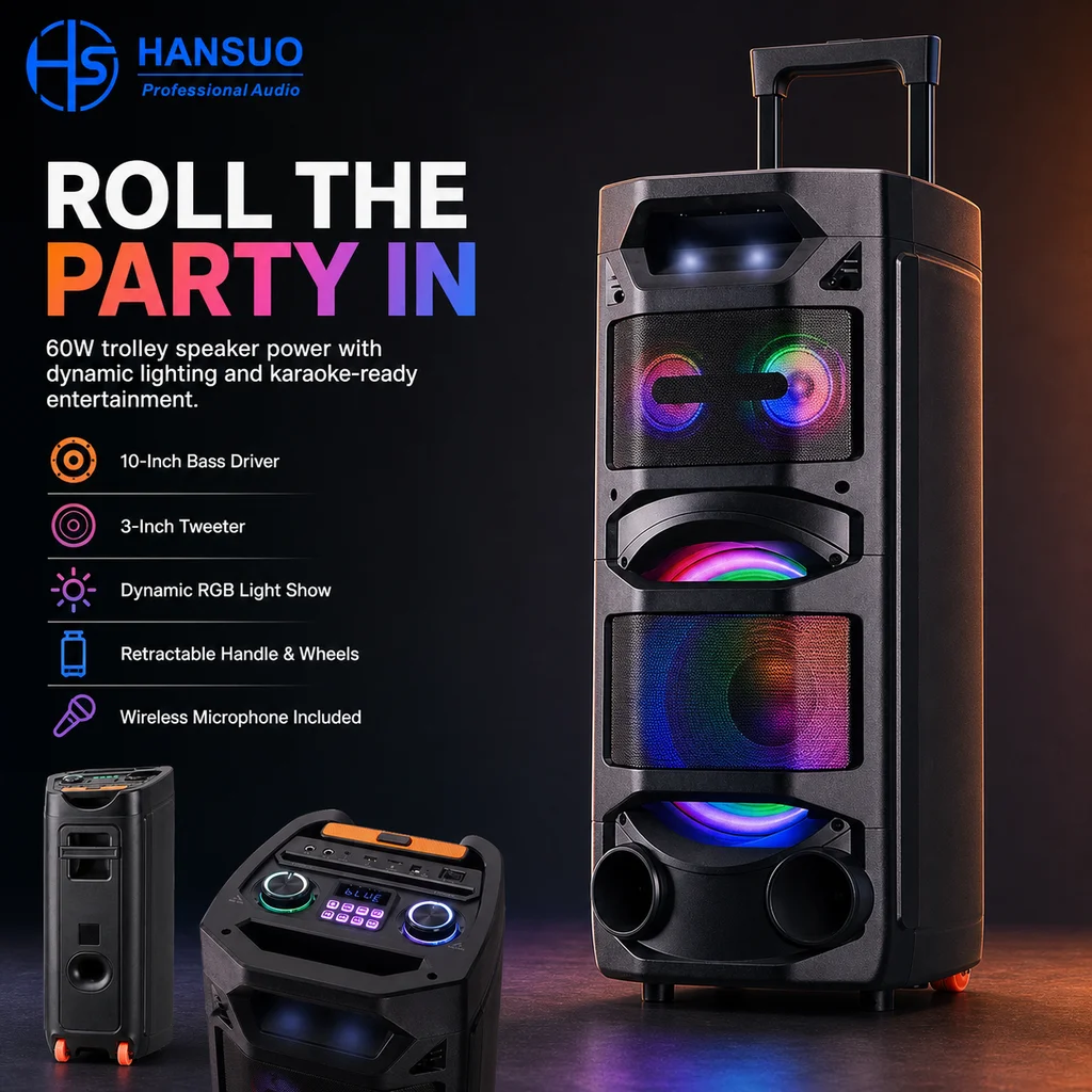 In stock 60-80W Portable Trolley Party Speaker with 10 Inch Bass Driver RGB Lights Wheels and Wireless Microphone