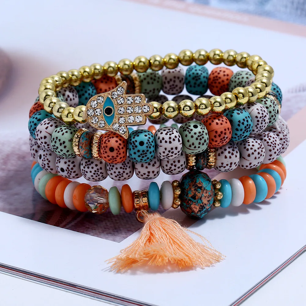 Новинка, 4 шт., Набор браслетов в богемном стиле с бусинами и кисточками, оптовая продажа