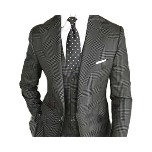 High-End Men's Customizable Single Breasted Wedding Suit Grey Lattice Design V-Neck Collar Hand-Made Tailoring for Plus Size