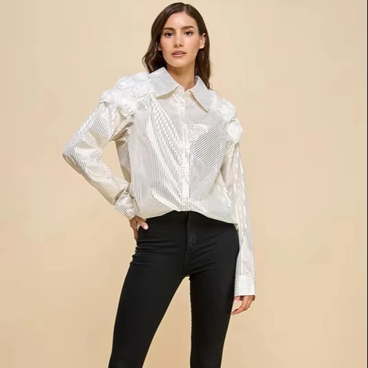 Ladies Striped Shirt With Floral Shoulder Decorations - Image 1