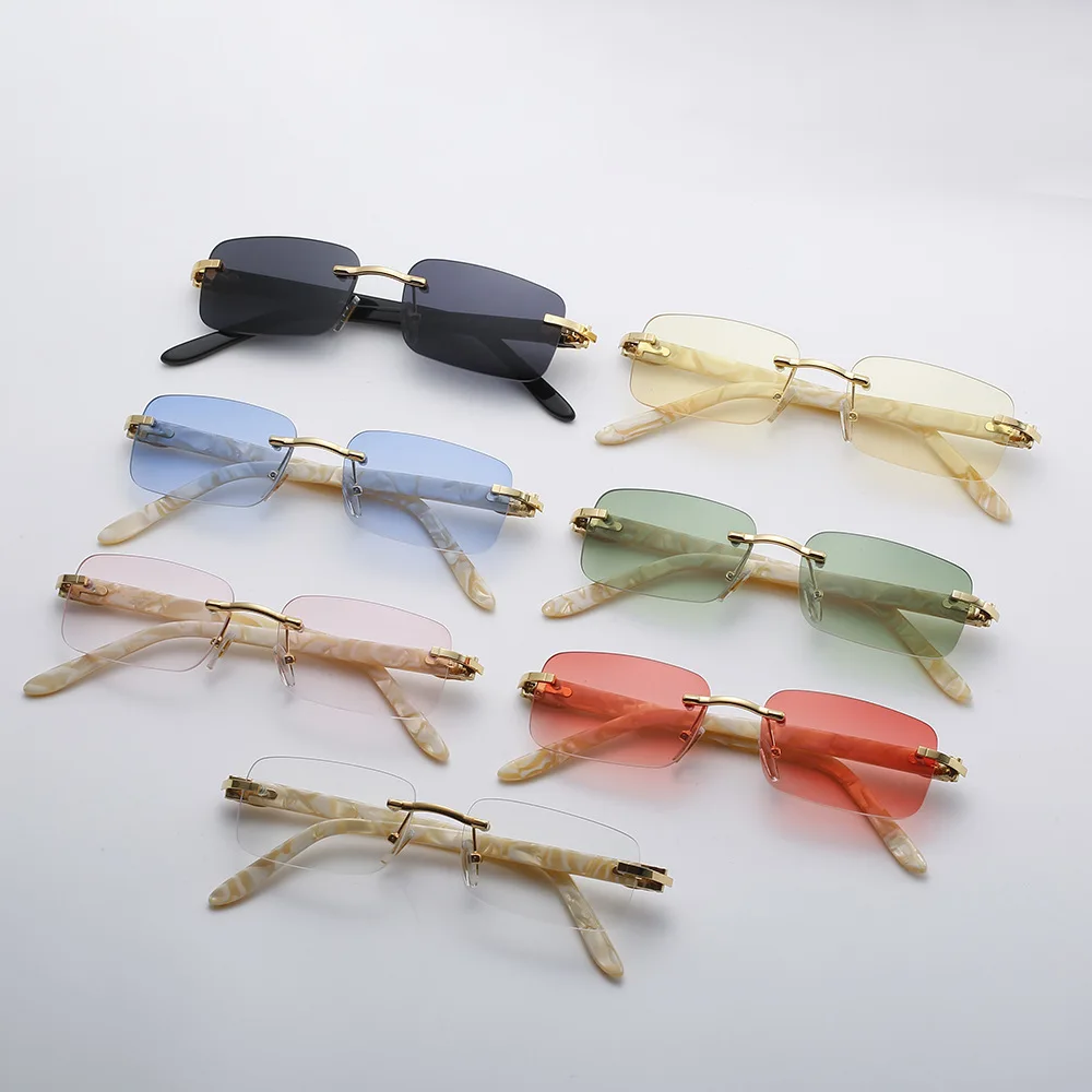 Custom Color Buffalo Horn Small Square Pearl Sunglasses Rhinestone Diamond Shades Retro Trendy Bling Rimless Sunglasses Women