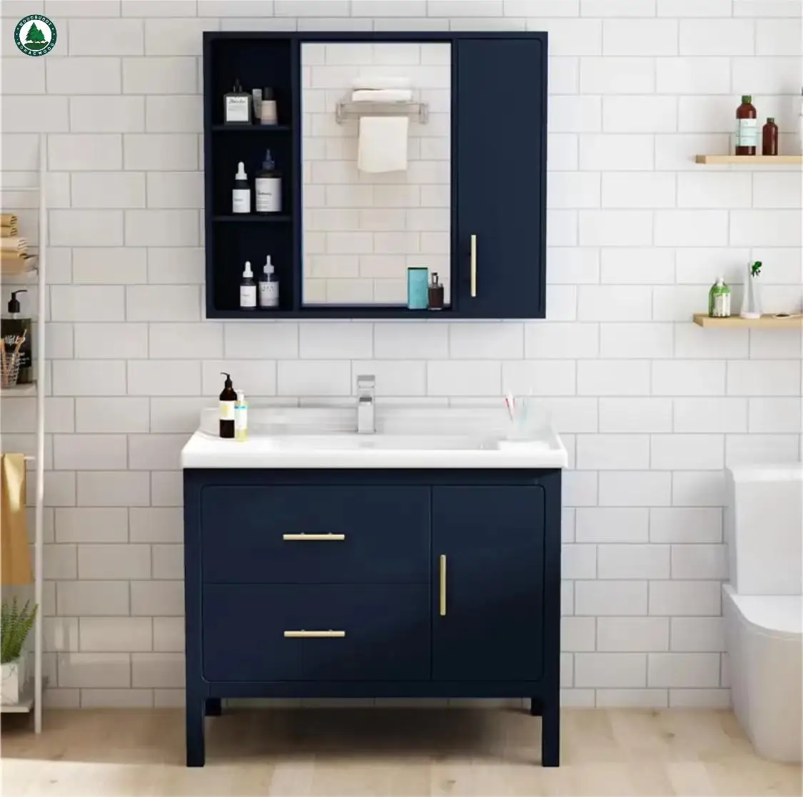 2022 новый индивидуальный современный туалетный столик для ванной комнаты популярный синий шкаф для ванной комнаты с зеркалом для хранения с металлическими ножками