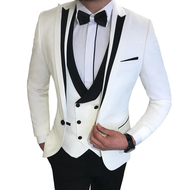 White Slit Mens Suits 3 Piece Black Shawl Lapel Casual Groom Tuxedos ...