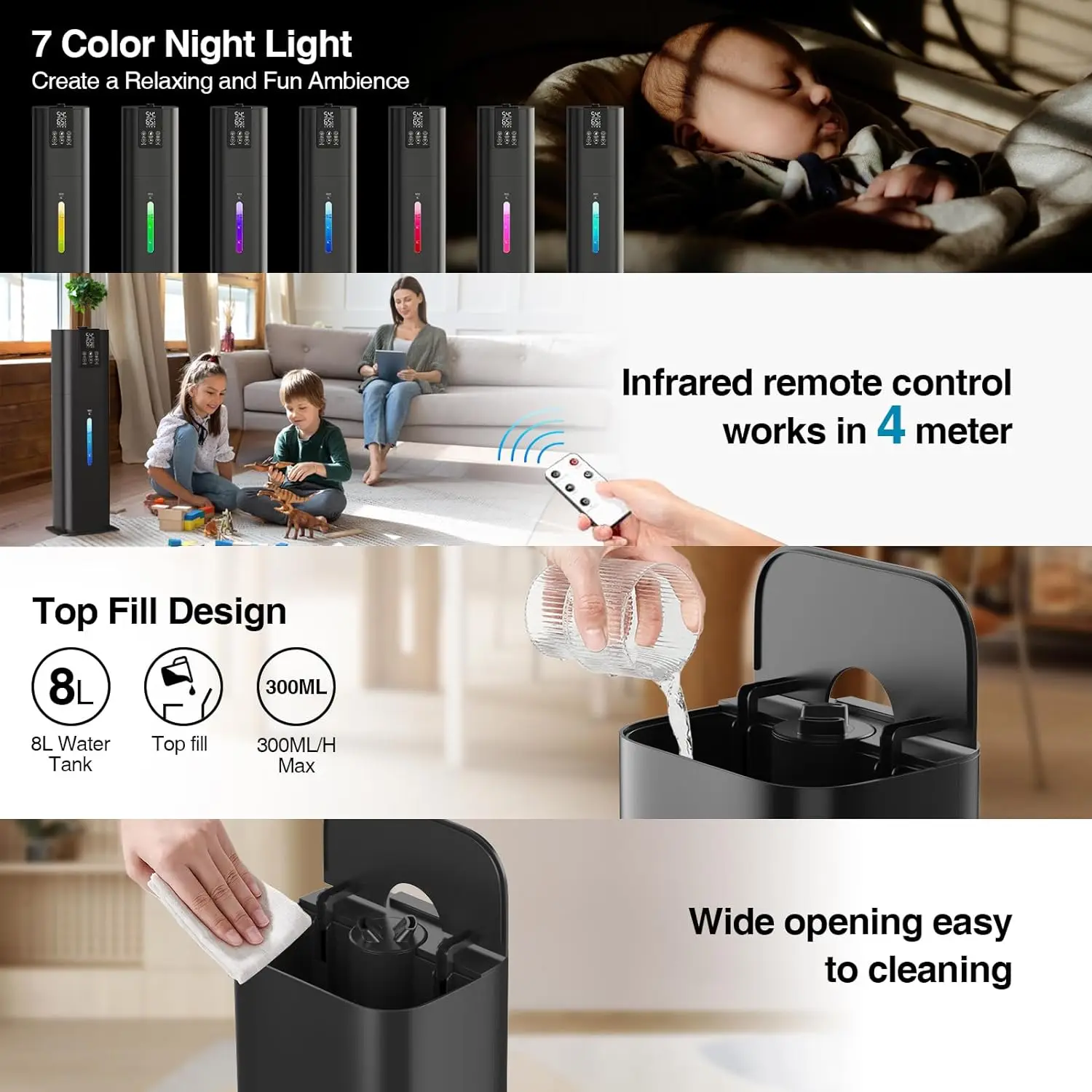 RUNAL H786 8L Smart Ultrasonic Air Humidifier Large Capacity Electric Tower Room Rotating H2O White Black AC Power Aromatherapy