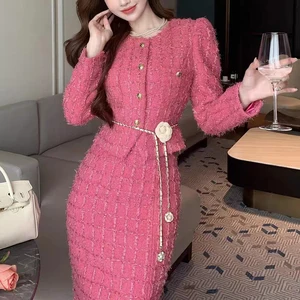 ZYHT 74070 Tweed Women Lady Two-Piece Suit Winter Spring Autumn Blazer Midi Skirt Plain Dyed Woven Worsted Casual for Spring