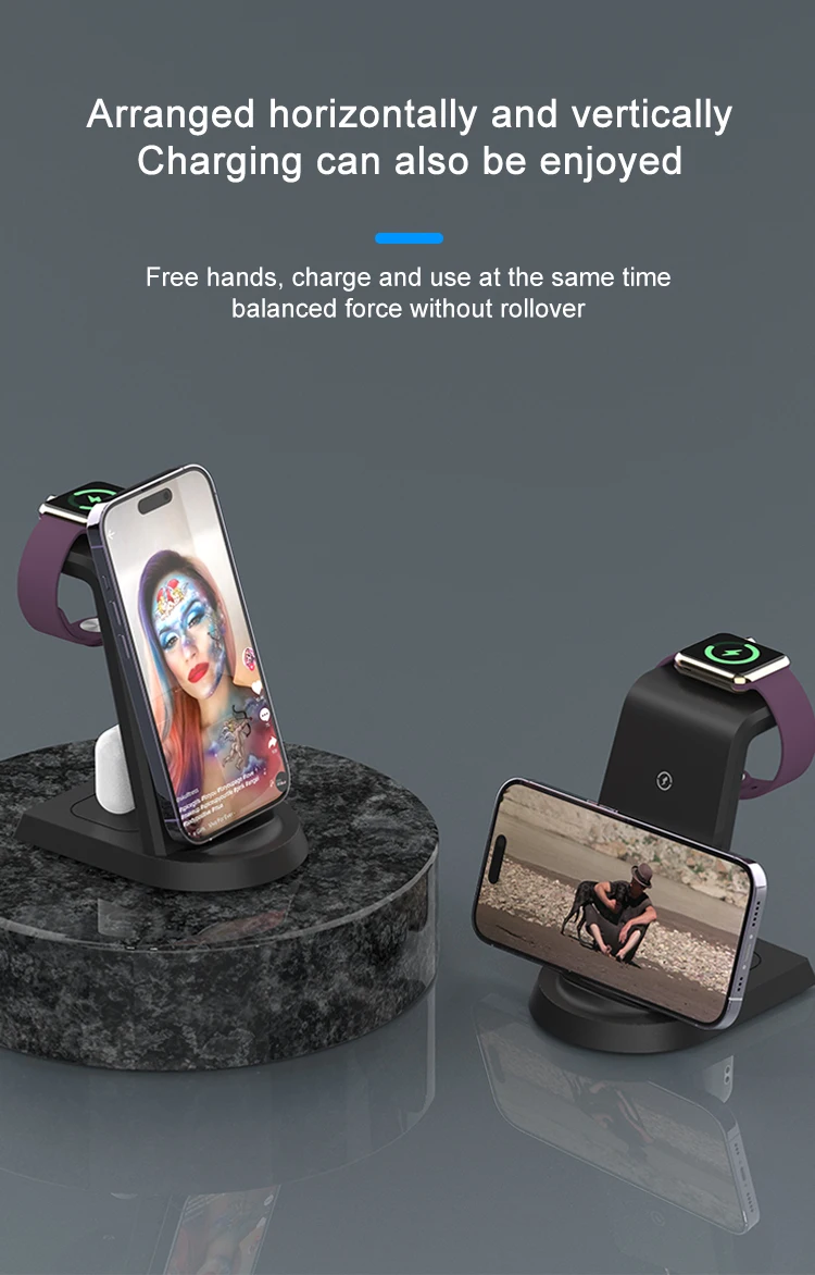 Desk 15w Fast Wireless Charging Dock 3 In One Qi Stand Charger Station
