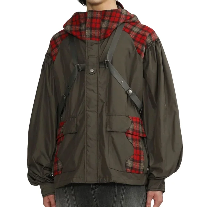 Men's Plus Size Hooded Jacket with Green and Red Plaid Check