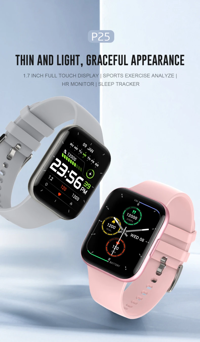 New Arrival 1.69" 240*280 Full Touch Screen Fitness Tracker IP68 Waterproof Blood Pressure SPo2 HR Smart Watch P25 for Men Women (1).jpg
