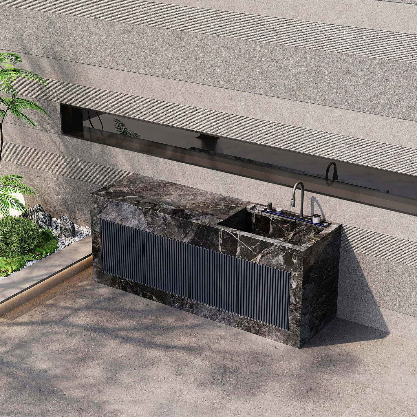 product customized outdoor rock plate standing basin island counter integrated washbasin with aluminum alloy door courtyard washbasin-9