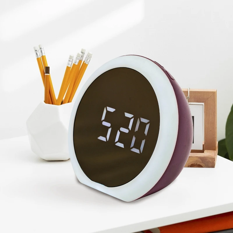 Modern Decor Round Makeup Mirror Lighted Large Display Easy Setting Auto Dimming USB Port Digital Alarm Clock for Office Gift