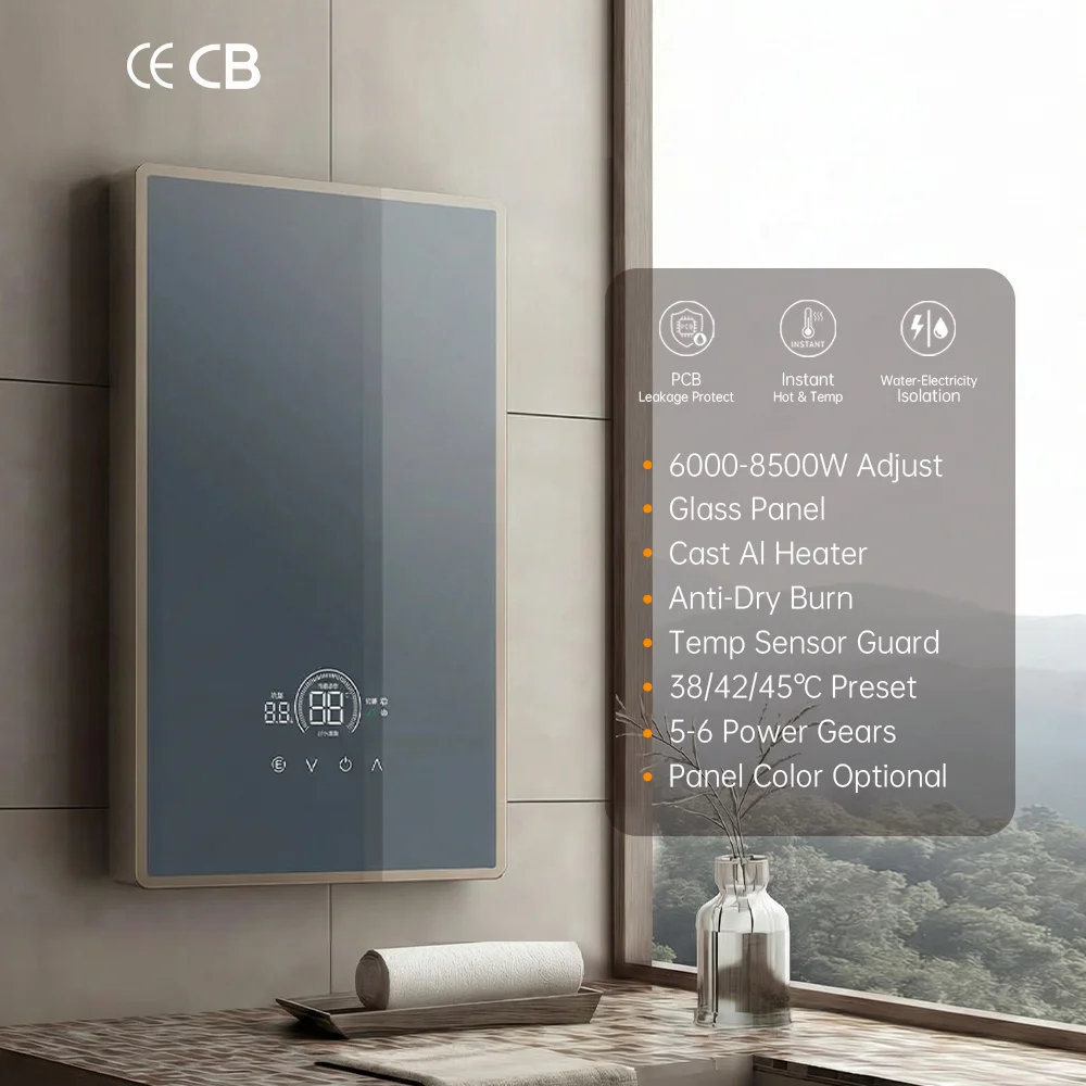 6 kW / 7 kW / 8,5 kW, Intellegens Schermus Tactilis, Multi-Velocitatis, IPX4 Imputrescibilis, Instantaneus Electricus Calefactor Aquae pro Balneo, Cucina, Autocaravo et Usu Externo