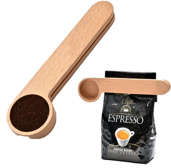 Ecofriendly Natural Beech Wood Spoon 2-In-1 Bags Measuring Spoon Wood Coffee Scoop with Bag Clip With Good Quality