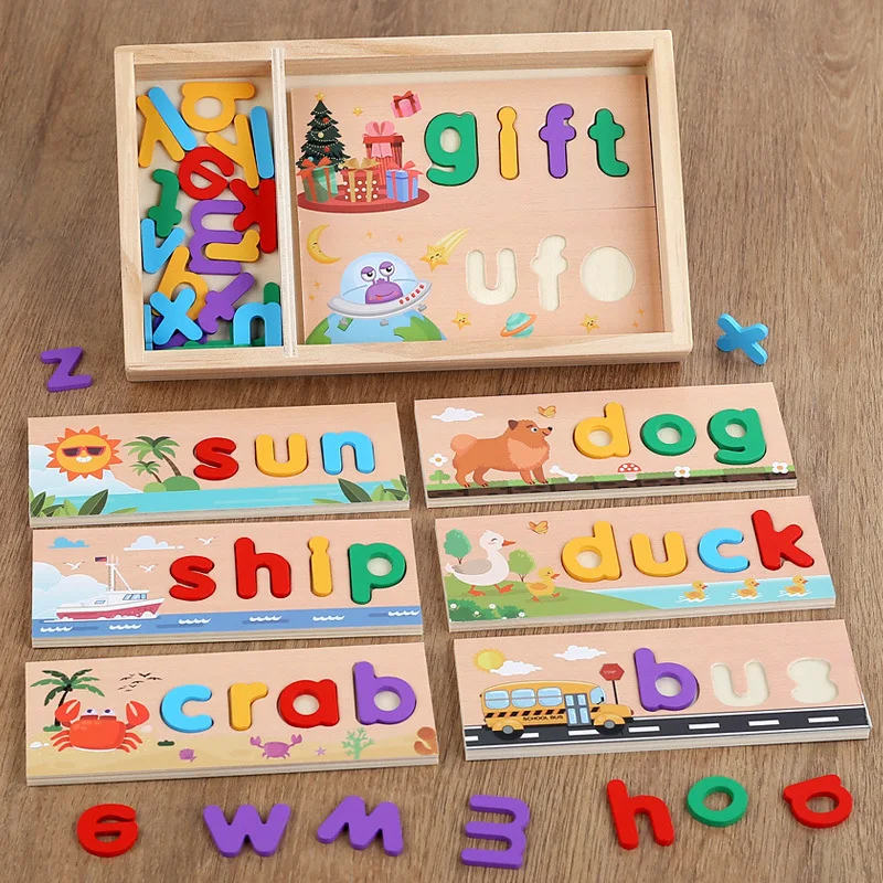 Wooden Enlightenment Match Wooden Box Spelling Word Game Children's Early Childhood Education Letter Recognition Puzzle for Kids