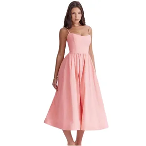 Customizable Vintage Strappy Dress for Women Retro Korean Modest Party Dress Spaghetti Strap Ruffle Cute Sexy Casual Romantic