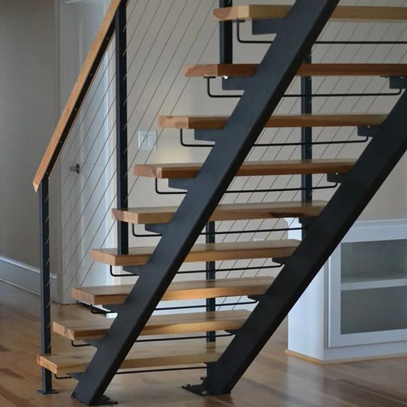 Decorative Double Stringer Straight Stairs with Cable Railing and Oak Treads