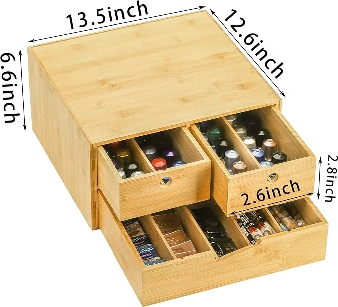 JQ Multi-Functional Bamboo Tea Box Coffee Capsule Holder Tea Bag Organizer Box with Sliding Drawer & Divider