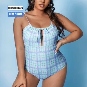 2026 Latest Sexy Plus Size Women's One-Piece Plaid Print Fitness Bikini with Rack Neck and Drawstring Beachwear